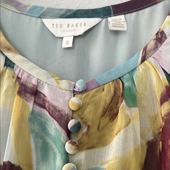 TED BAKER Ellain Graphic-Print Tiered Crepe Mini Dress. Size 3 - Picture 10 of 13